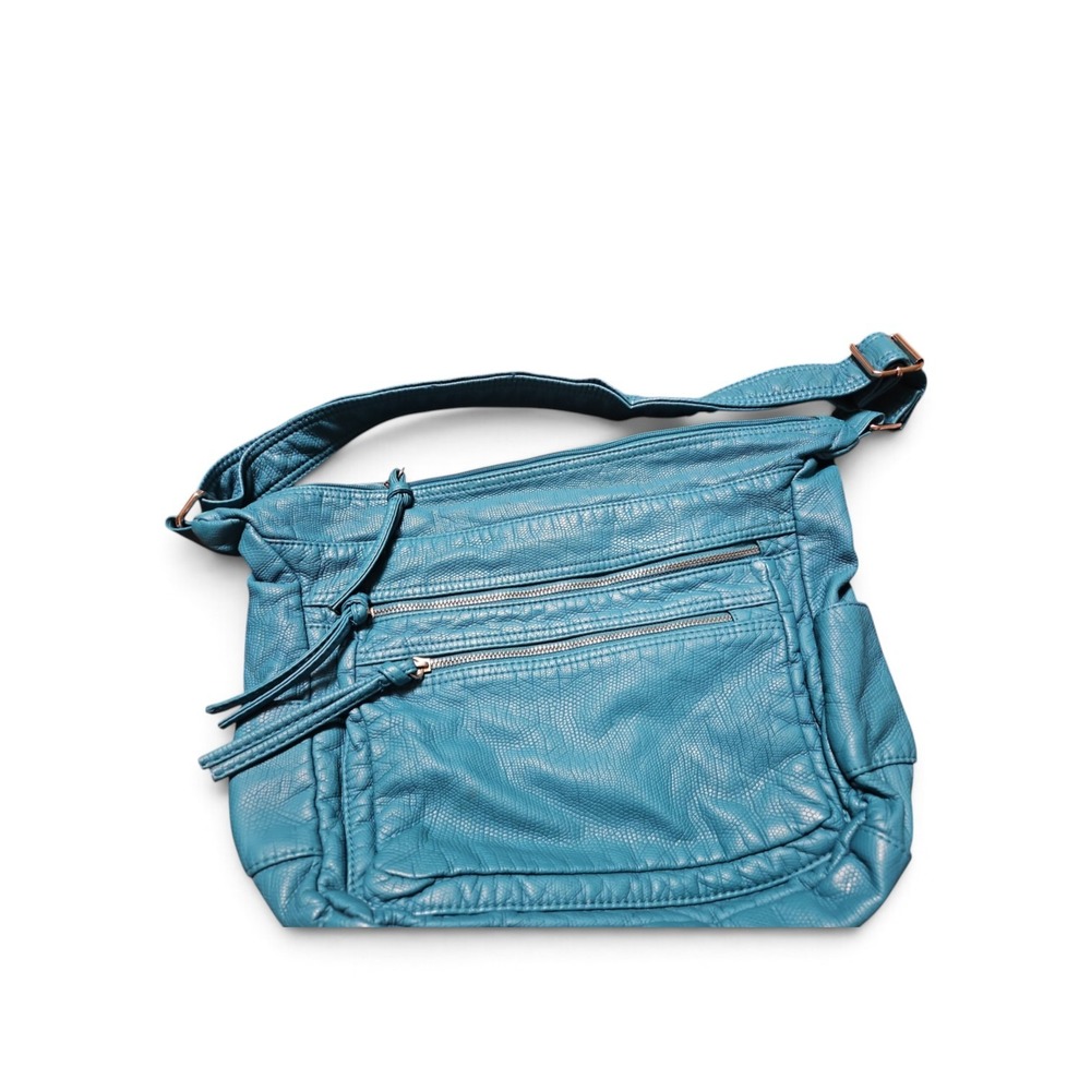 Bueno Teal Blue Faux Leather Shoulder Bag Multi Pocket Adjustable Strap Purses